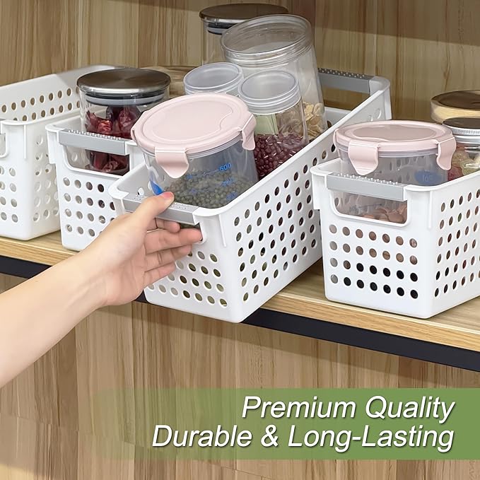 Soddeph 4 Pack Slim Plastic Storage Basket with Handles, Rectangular Storage Bins for Shelves,Narrow Organizer box for Organizing, Kitchen,Home,Office (White, Small)