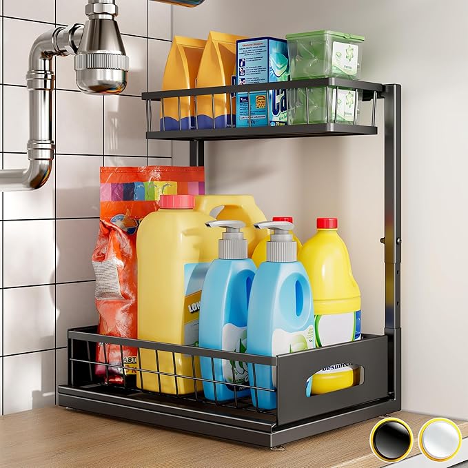 Under Sink Organizer and Storage, Height Adjustable Cabinet Organizer with Slide Out Drawer, Pull Out Under Sink Storage, Multi-Purpose 2 Tier Sink Shelves for Kitchen Bathroom Pantry (Black, 1 Pack)