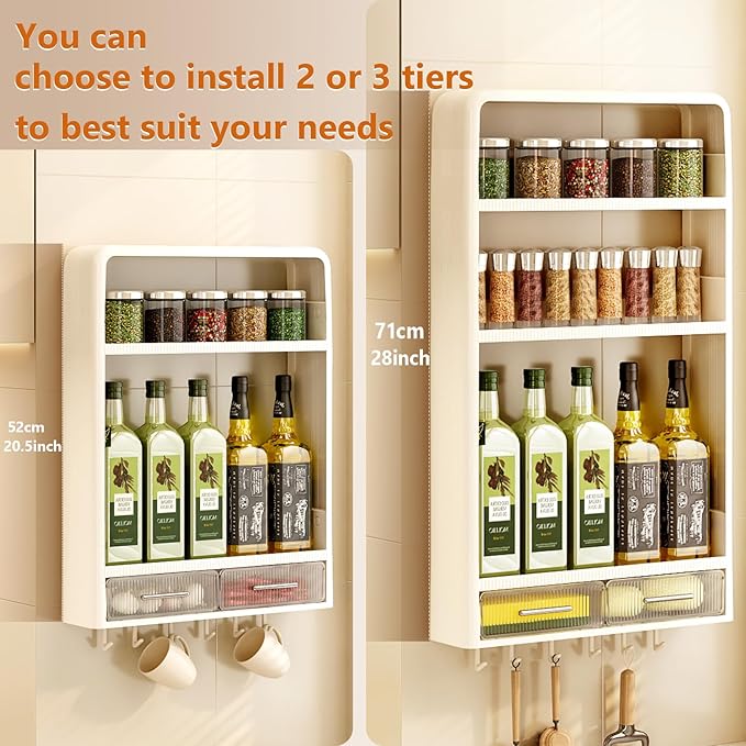 Spice Rack Kitchen Pantry Organizer and Storage - 3 Tier with Drawers and Hooks Kitchen Shelf for Spice Jars and Seasonings, No Drilling Adhesive Wall Mounted Hanging Home Organization