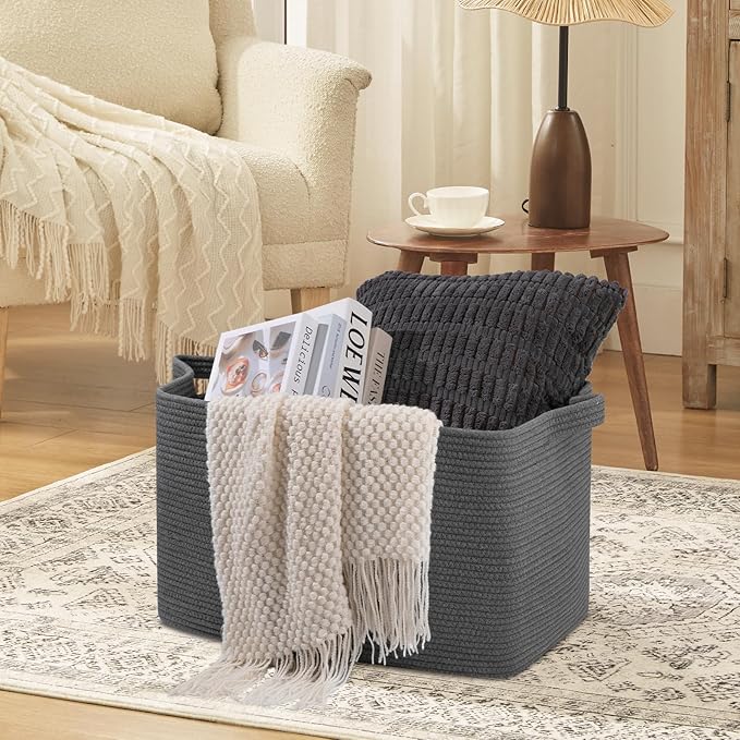 95L Extra Large Blanket Basket, 24" x 16.9" x 14.2" Woven Storage Basket for Living Room, Nursery Blanket Storage for Toys, Towels, Dirty Clothes (Grey)