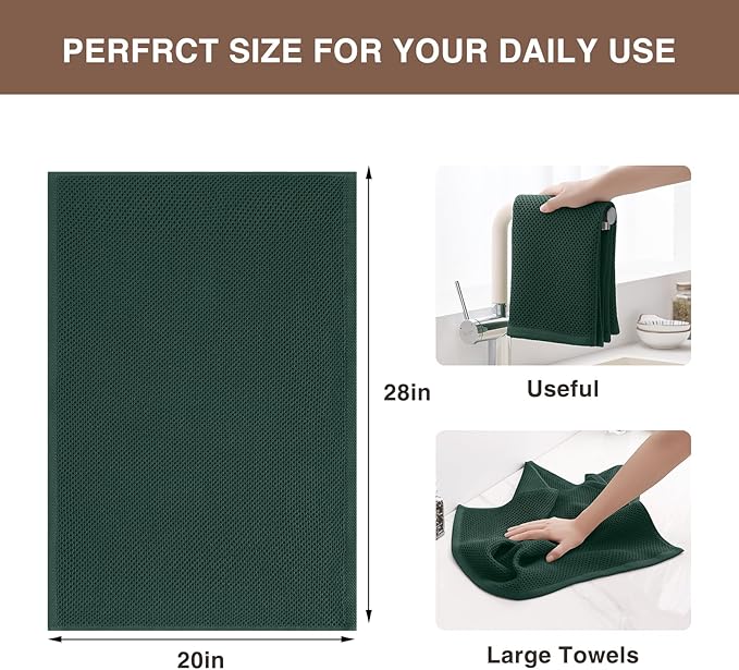 Homaxy 100% Cotton Waffle Weave Kitchen Dish Towels, Ultra Soft Absorbent Quick Drying Cleaning Towel, 20x28 Inches, 4-Pack, Blackish Green