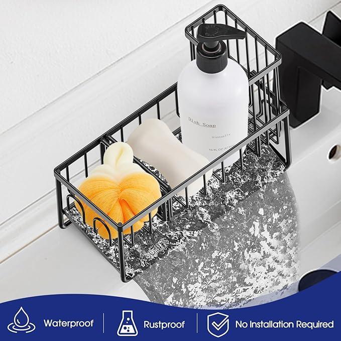 Sinnsally Kitchen Sponge Holder,Sink Caddy Organizer with Brush Holder,Stainless Steel Sink Box Dish Scrubber Holder with Self Drain Tray,Soap Dispenser Storage Accessories for Kitchen Counter(Black)