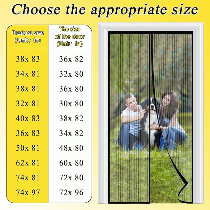 Magnetic Screen Door - Fit for Door Size:38 x 82 Inch, Screen Itself Size:40"x83", Hands Free Mesh Partition,Heavy Duty Curtain Keeps Bugs Out, Frame Hook & Loop, Pet and Kid Friendly