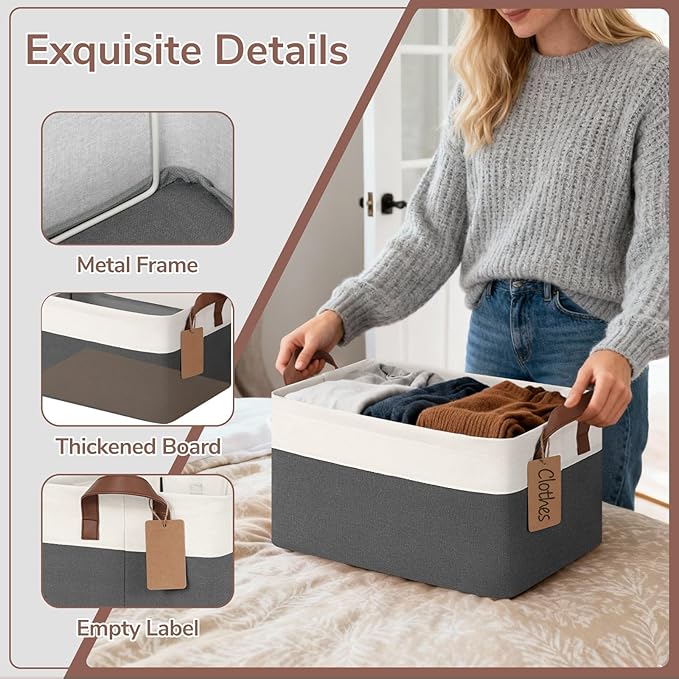 CHICVITA 4 Pack Storage Baskets for Shelves, Closet Organizers and Storage Bins with Handles, Fabric Toy Bins for Nursery Living Room, 14.8" x 10.3" x 8.3", Gray & White