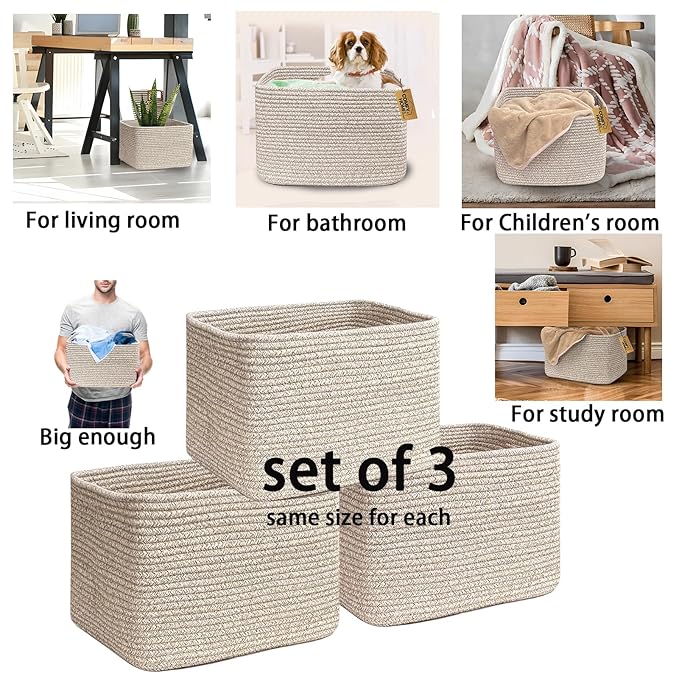COMFY-HOMI 3Pack Small Woven Cotton Rope Basket for Organizing, Gift Baskets for Handles, Empty Gift Baskets, Medium Rope Basket|13.5" x 11" x 9.5" home decor for Living Room, Bathroom