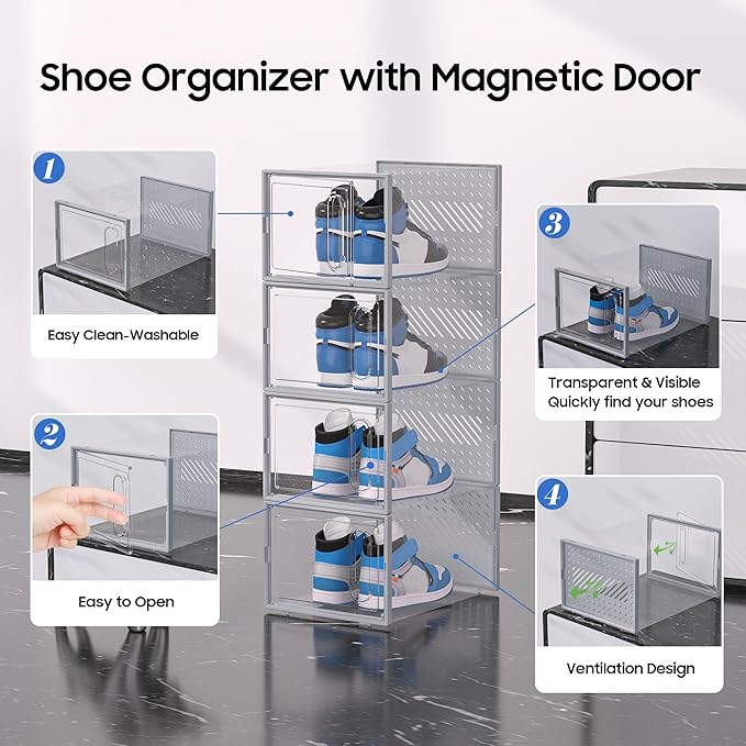 eWonLife Large Shoe Organizer Storage Box with Magnetic Door,12 Pack Clear Plastic Stackable Sneaker Containers for Closet, Connect Left and Right Shoe Box for Entryway, Drop Front, Under Bed (Grey)