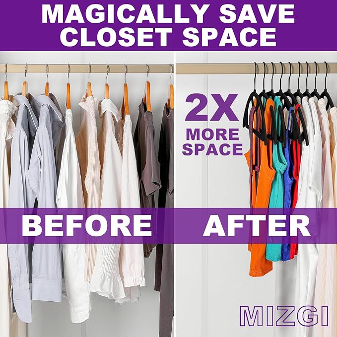 MIZGI Premium Velvet Hangers 50-Pack,No Shoulder Bump Hangers W/Tie Bar Ultra Thin Space Saving Non Slip Hanger Heavy Duty Felt Rounded Clothes Hanger for Sweaters,Coat,Jackets,Pants,Shirts