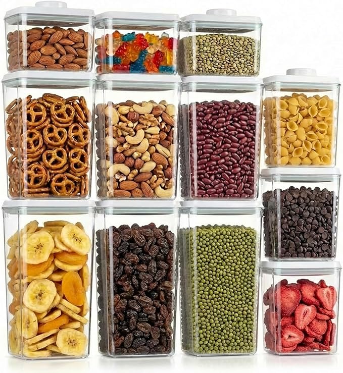 Pop Airtight Food Storage Containers with Lids Stackable Containers for Kitchen Pantry Organization Ideal for Cereal Snacks Flour Sugar Coffee and Spaghetti (gray, 12 pcs)