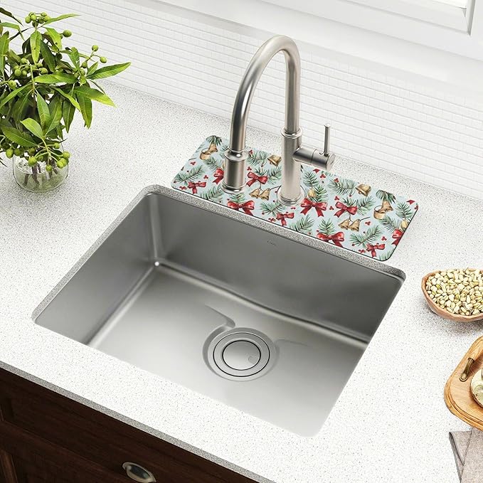 Bows Holly Bell Beige Gingerbread Snowflakes Kitchen Sink Splash Guard Sink Faucet Mat Faucet Handle Drip Catcher Drain Mats for Kitchen Bathroom Countertop Absorbent Dish Drying Pad 2Pack 30