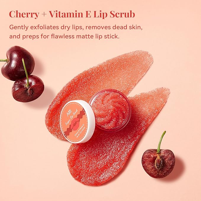 ANAI RUI Cherry Lip Scrub & Lip Mask Set, Vitamin E, Lip Scrub For Women, Lip Scrubber Exfoliator, Hydrating Lip Mask Overnight, Sugar Scrub for Dry Chapped Lips, Lip Care Set for Women