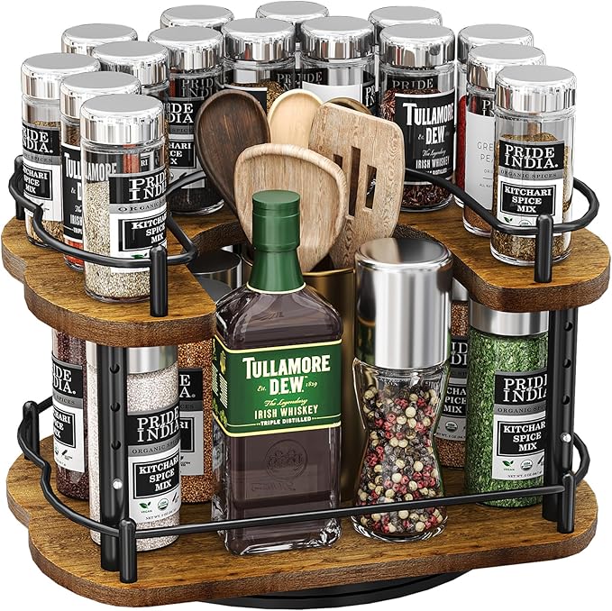Lazy Susan Organizer Spice Rack - Spice Organization for Cabinet Height Adjustable Rotating Lazy Turntable, Pantry Kitchen Wood Revolving Seasoning Organizer (12 Inch)
