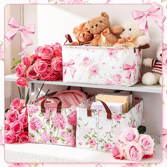 Boao 3 Pcs Pink Hydrangea Foldable Storage Baskets Pink Flower Laundry Basket with Handles Waterproof Storage Bins Fabric Shelf Baskets for Organizing Closet Clothes