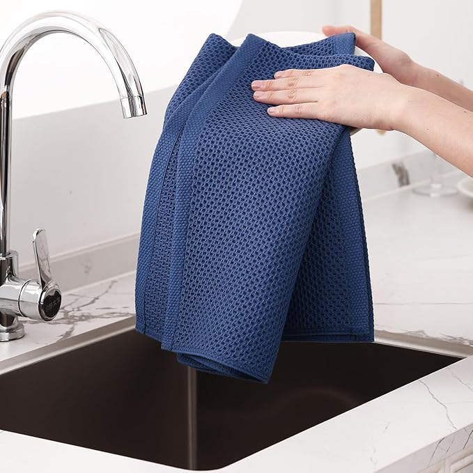 Homaxy 100% Cotton Waffle Weave Kitchen Dish Towels, Ultra Soft Absorbent Quick Drying Cleaning Towel, 20x28 Inches, 8-Pack, Navy Blue