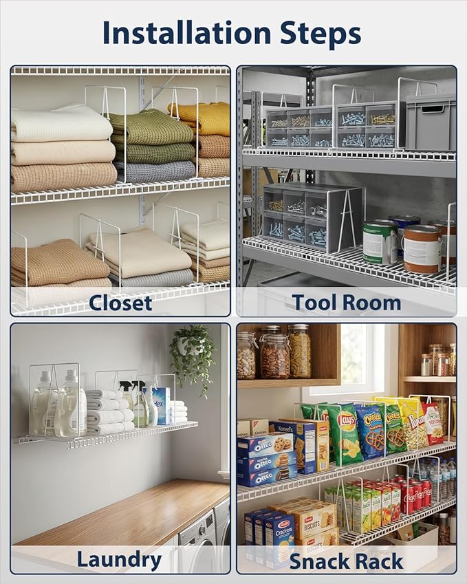4 Pack Wire Shelf Dividers for Closet, Solid Coated Metal Closet Dividers for Closet Organization, Easy Install Closet Shelf Divider for 12'' Tall x 12'' Deep Wire Shelves and Storage, White