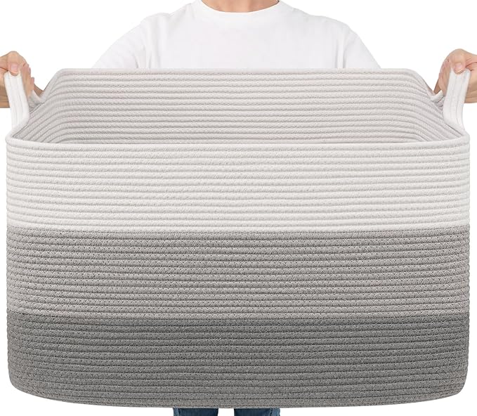 Goodpick 85L Large Woven Basket 23.6" x 15.7" x 13.8" Cotton Rope Storage Baskets for Organizing, Decorative Blanket Basket for Living Room Bedroom, Toy Baskets Storage Kids, Gray