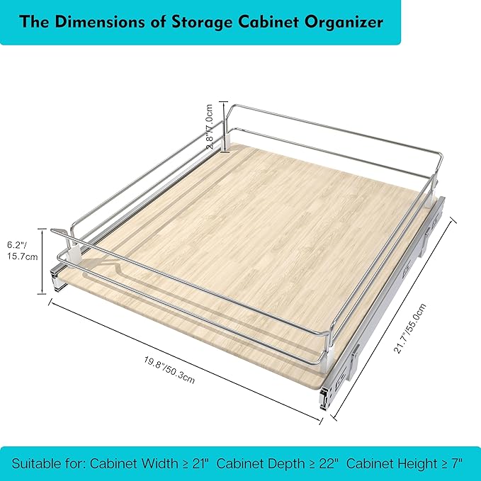 Pull Out Cabinet Organizer 20" W X 22" D, Slide Out Drawers For Kitchen Organizers and Storage, Pull Out Drawers For Cabinets Capacity Heavy Duty Caddy, Cabinet Shelves Wood Chrome, Pantry Storage
