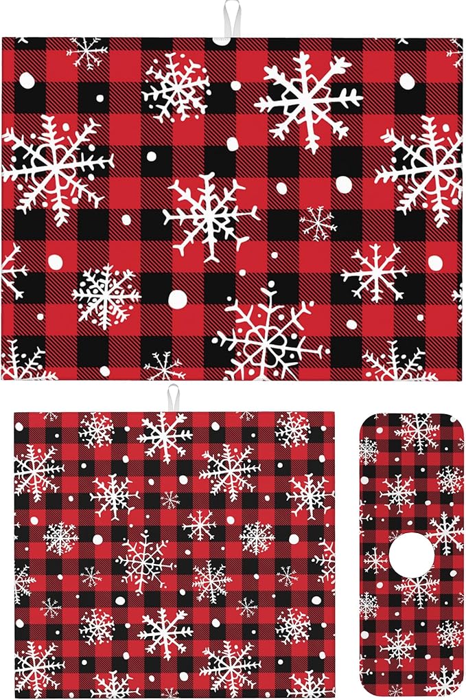 3Pcs Christmasw Checked Dish Drying Mat & Kitchen Sink Splash Guard Faucet Mat For Kitchen Counter Absorbent Microfiber Dishes Pad Dish Drainer Rack Mats Fast Dry Kitchen Accessories