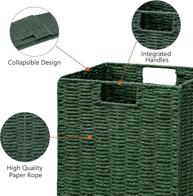 Vagusicc Wicker Storage Basket, Set of 2 Hand-Woven Paper Rope Wicker Baskets, Foldable Cube Storage Bins, Square Storage Baskets for Organizing Shelves & Decor, Green (11″×11″×11″)