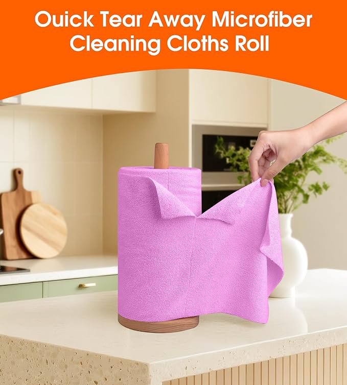 CHAUNCEY HOME Microfiber Cleaning Cloth Roll - 100 Pack Tear Away Microfiber Paper Towels, Reusable, Washable, Scratch-Free, Kitchen Towels for Car, Home, Kitchen, Glass, Dishes (Light Purple)