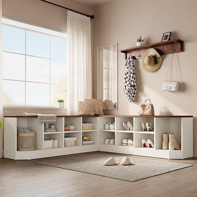 DWVO 61" L-Shaped Shoe Rack with Bench and Hooks, Corner Shoe Cabinet with Hidden Storage, Coat Rack & Seating for Entryway, Hallway, Bedroom, 61" D x 61" W x 18" H, White & Walnut