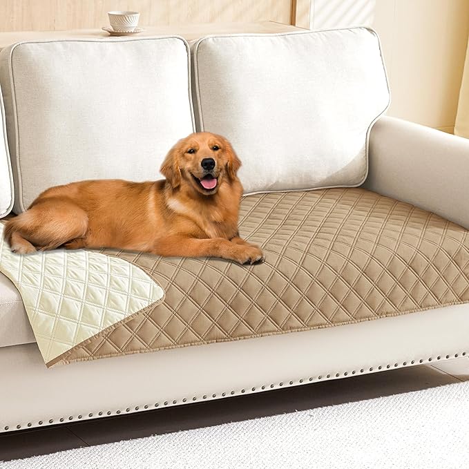 Smiry Waterproof Dog Bed Cover Pet Blanket, Soft Washable Dog Blanket for Furniture Bed Couch Sofa Reversible, Checkered (30"x80", Camel/Beige)