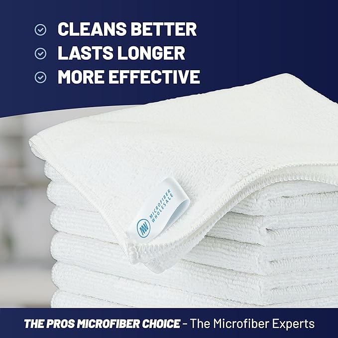MW PRO Microfiber Cleaning Cloths White (12 Pack, 12x12) - Commercial Janitorial Towels & Lint Free Rags - Heavy Duty for Auto Detailing, Glass Windows, Housekeeping & Screens - Washable 300+ Times