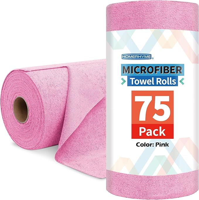 HOMERHYME Microfiber Cleaning Cloth Roll, 75 Pack Tear Away Microfiber Towel, Reusable Washable Shop Towels, Lint Free Cleaning Rags for Car Home Kitchen Garage & Automotive 11.5"x11.5" Pink