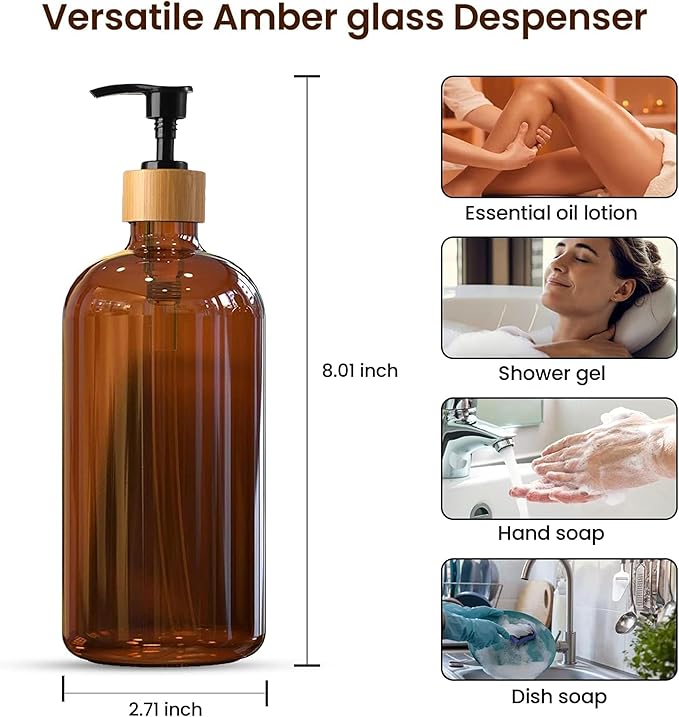 16 OZ Thick Amber Glass Soap Dispenser, Bamboo Pump with Tray 2 Pack, Hand and Dish Soap Dispenser Set for Bathroom with 6 Waterproof Labels