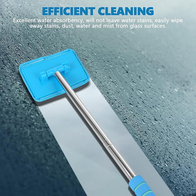 Car Windshield Cleaning Tool, Car Windshield Window Cleaner, Auto Glass Wiper Tool with Extendable Handle & Reusable Microfiber Pad, Universal Vehicle Cleaning Car Accessories (Sky Blue)