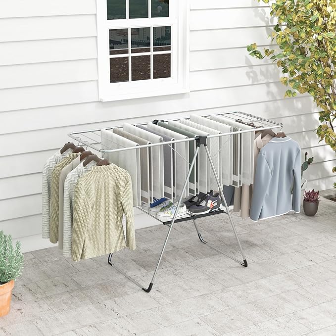 Tangkula Collapsible Clothes Drying Rack, 2-Level Folding Aluminum Drying Rack w/Height-Adjustable Wings, Bottom Shoe Rack, Space-Saving Laundry Drying Rack for Indoor & Outdoor Use, Silver