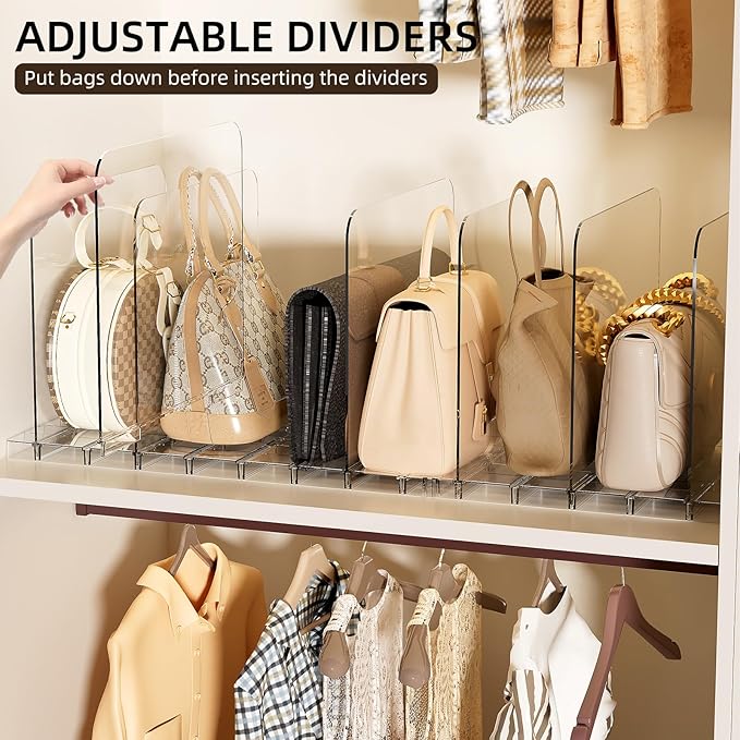 JOYZAN Purse Organizer for Closet Stackable, Adjustable Closet Purse Organizer, Clear Acrylic Shelf Dividers, Detachable Handbag Storage Separator Dividers for Home, Office - 1 Pack