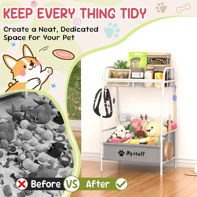 Medium Dog Toy basket, Toy Box for Dogs, Pet Toys Bin Dog Metal Wire Basket for Toys, Food Storage, Storage Organizer Chest Storage, Toy Box for Living Room Area (White)