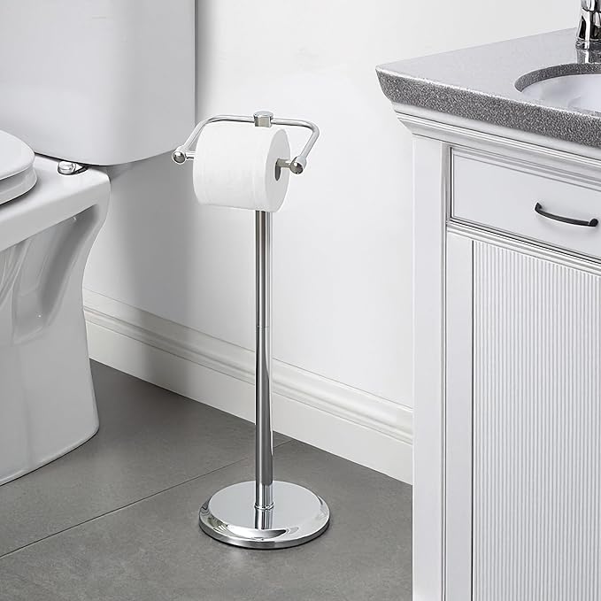 SunnyPoint Free Standing Toilet Paper Holder – Bathroom Tissue Stand with Weighted Base, Holds Jumbo & Standard Rolls (Chrome)