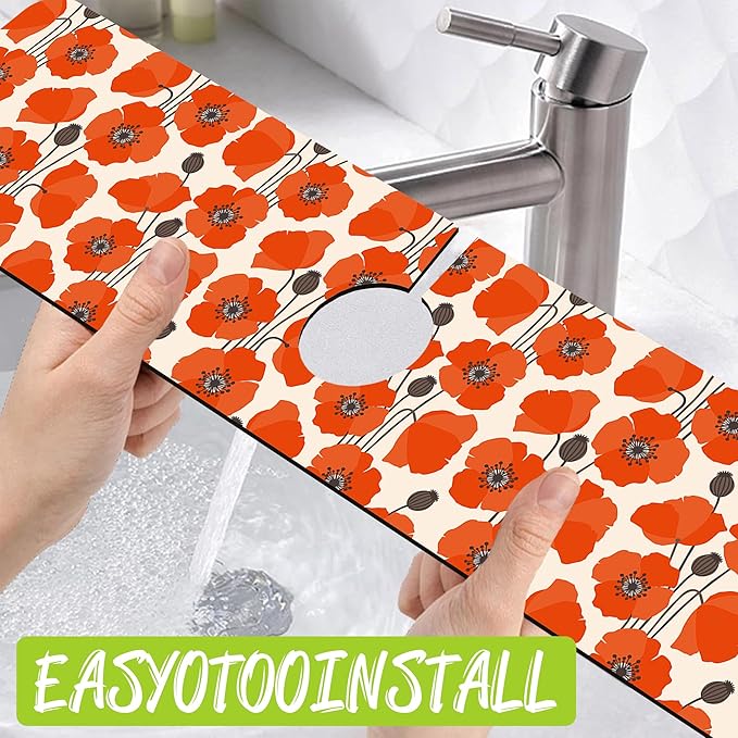 Sink Faucet Absorbing Mat Poppy Flowers Sink Splash Guard Drying Mat for Kitchen Bathroom Faucet Sinkmat 23.5"X5.5"