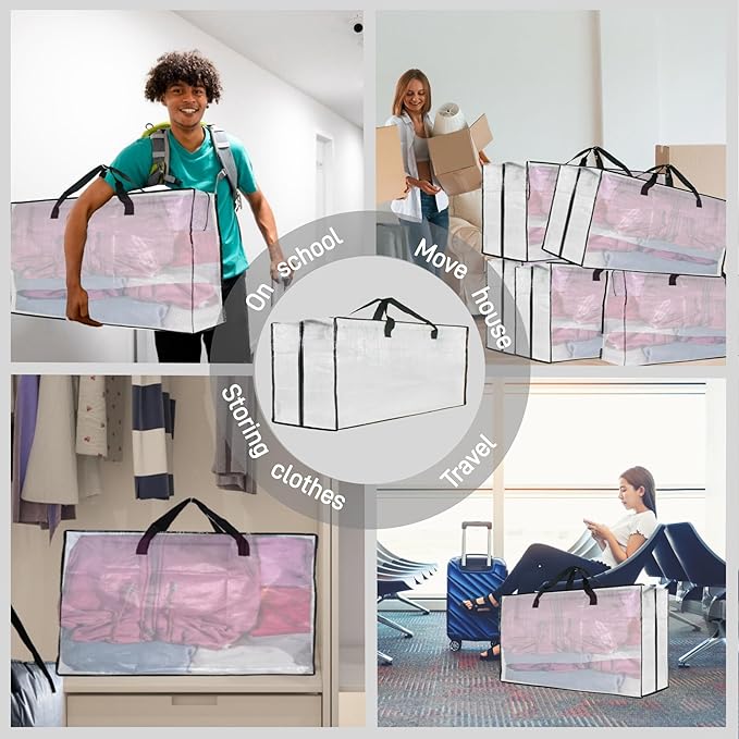 3 Pack Heavy Duty Moving Bags, Extra Large Clear Storage Bags with Zipper and Handles, Moving Boxes & Storage Bins Alternative, Packing Supplies, Moving Supplies for Dorm Room Essentials