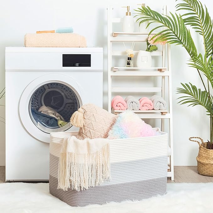 MINTWOOD Design 22in Extra Large Blanket Basket Holder Living Room, Rectangle Rope Woven Storage Basket with Handles for Laundry, Pool Towels, and Shoes, Dog Toy Organizer Bin Box, 3-Tone Light Gray