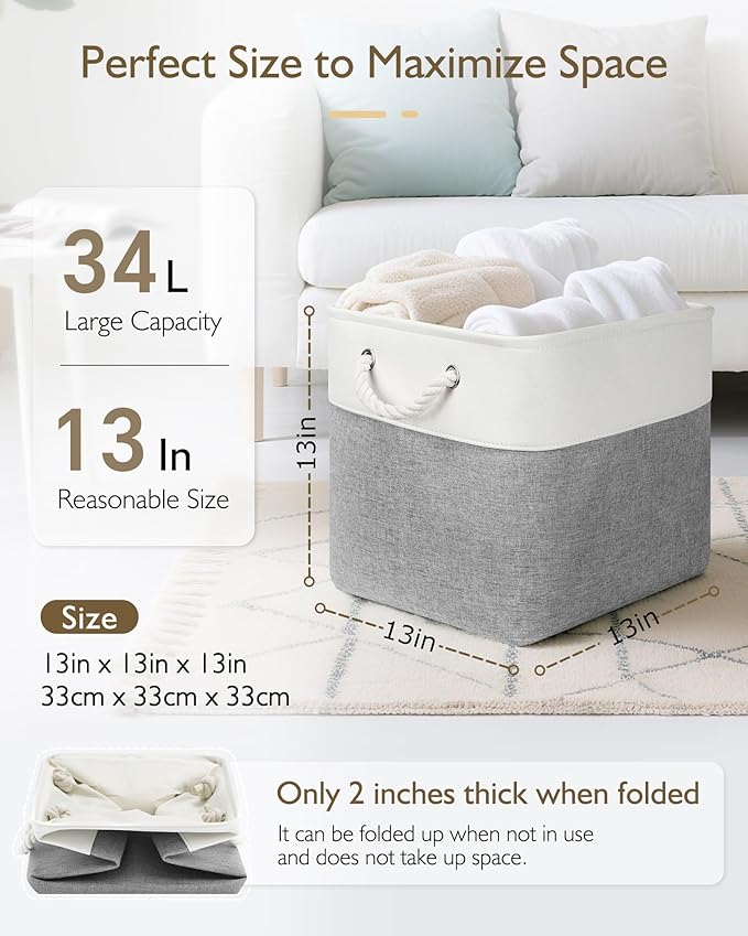 13x13x13 Cube Storage Bins,4 Pack Large Foldable Fabric Storage Cubes with Handles for Organizing Home, Closet, Shelf, Office(White&Gray)