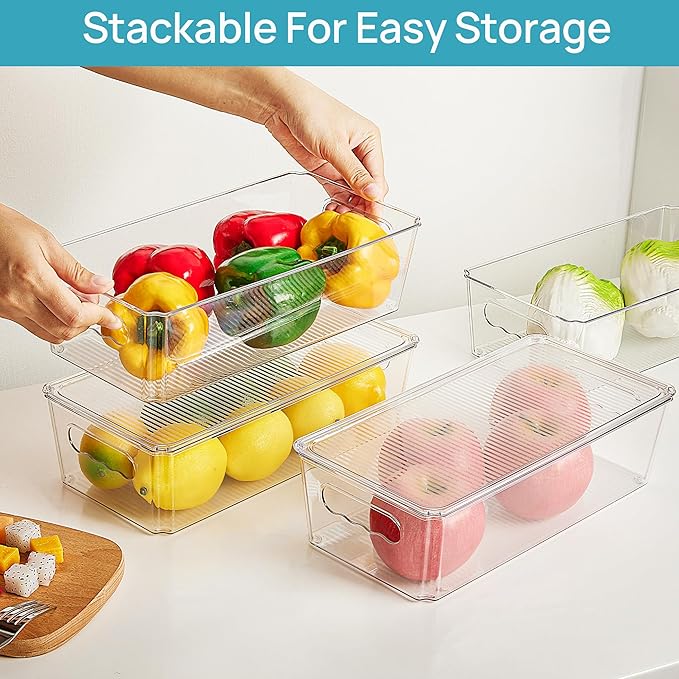 Vtopmart 10pcs Clear Organizers and Storage Bins with Lids, Stackable Plastic Storage Containers with Handles for Fridge, Freezer, Pantry, Cabinet, Kitchen Organization