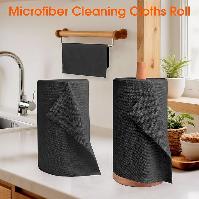 CHAUNCEY HOME Microfiber Cleaning Cloth Roll - 100 Pack Tear Away Microfiber Paper Towels, Reusable, Washable, Scratch-Free, Kitchen Towels for Car, Home, Kitchen, Glass, Dishes (Black)