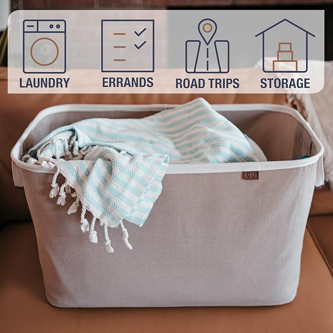 CleverMade Collapsible Laundry Basket Hamper - LUXE Cream Herringbone 2Pack 60L -SpaceSaving Storage Organizer with Handles Foldable Home Organization