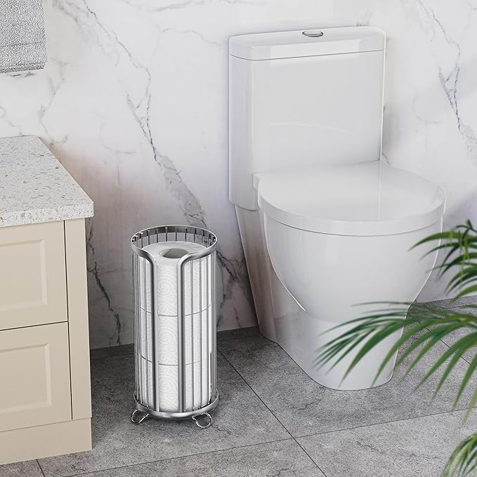 Toilet Paper Holder Stand, Freestanding Toilet Tissue Organizer, Minimalistic Storage Solution, Reserve Mega Rolls-Silver