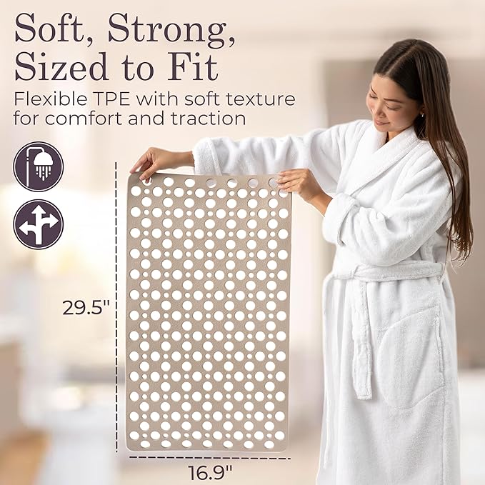 LUMA HOME Non Slip Bathtub Mat and Shower Mat Beige TPE Strong Suction Cups Aesthetic Bath Mat for Inside Shower with Soft Texture, Quick-Dry Drain Holes, Spa-Inspired Design 30x17” (75x43 cm) (2)