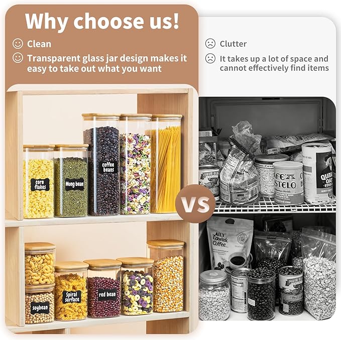 73 Oz Glass Storage Jars with Bamboo Lids - 3 Pack Clear Glass Canisters Square Airtight Stackable Ideal for Pantry Storage Containers Great for Storing Oats Coffee Beans Pasta Flour Rice etc