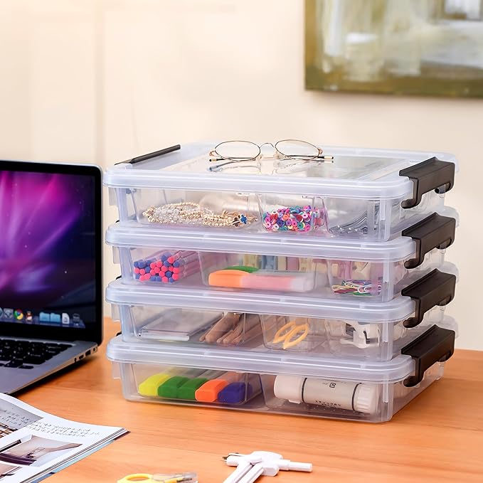 Citylife 4PCS Plastic Storage Bins with Organizer Tray, Stackable Clear File Box, Versatile Craft Storage for Office, Kitchen, Bathroom and School Supplies, 24-pack