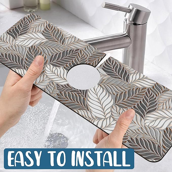 Embossed Leaf Texture Sink Splash Guard Grey Leaf Faucet Absorbing Mat Fast Drying Mat Sink Gadgets Splash Guard Behind Faucet Drip Catcher for Kitchen Bathroom, 15.5"x5.5"