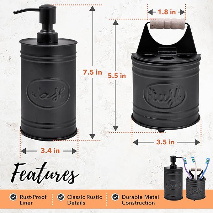Autumn Alley Rustic Bathroom Accessories Set - Farmhouse Soap Dispenser and Toothbrush Holder Set - Western Bathroom Accessories, Farmhouse Decor for Bathroom Countertop, Galvanized Black