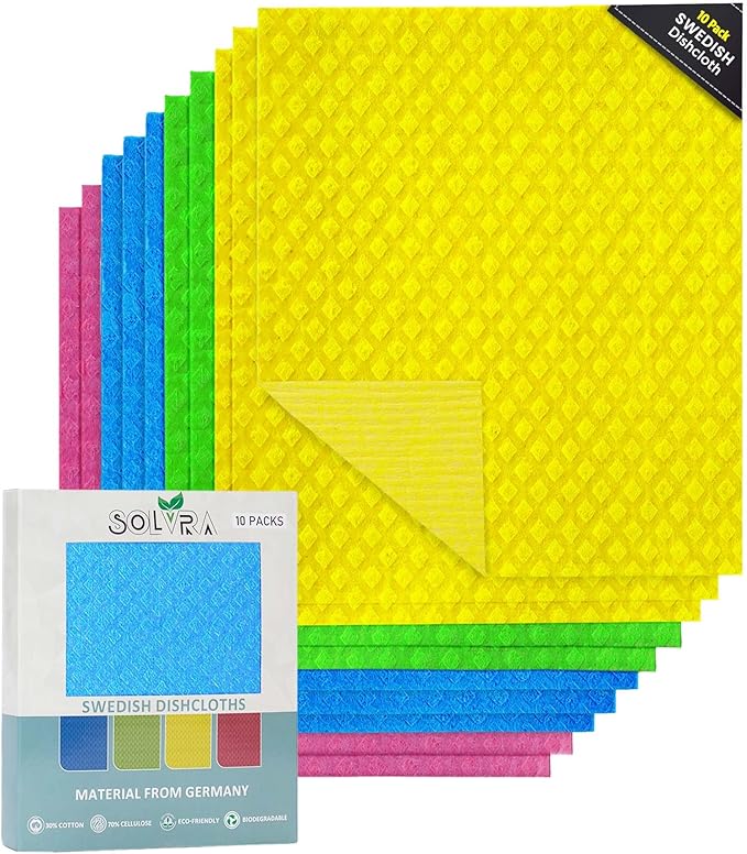 10 PCS Swedish Dishcloths for Kitchen 100% Biodegradable | Reusable Cellulose Sponge Cloths | Ultra Absorbent, Eco-Friendly Cleaning Towels | Dishcloths for Washing Dishes & General Cleaning