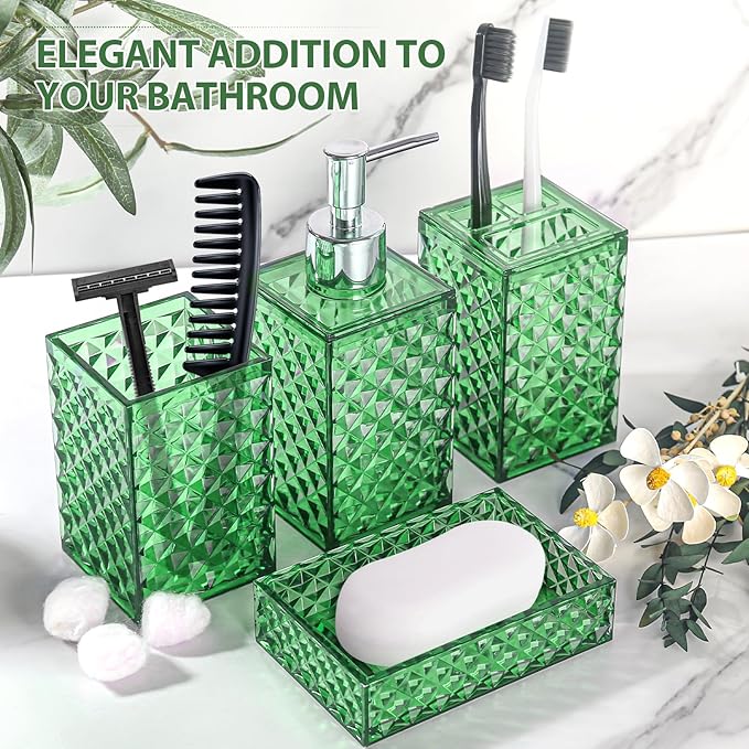 Green Bathroom Accessories Set, 4 Pack Green Bath Accessory Sets Complete, Acrylic Soap Dispenser and Toothbrush Holder Set for Bathroom Counter Sink, Modern Bathroom Decor