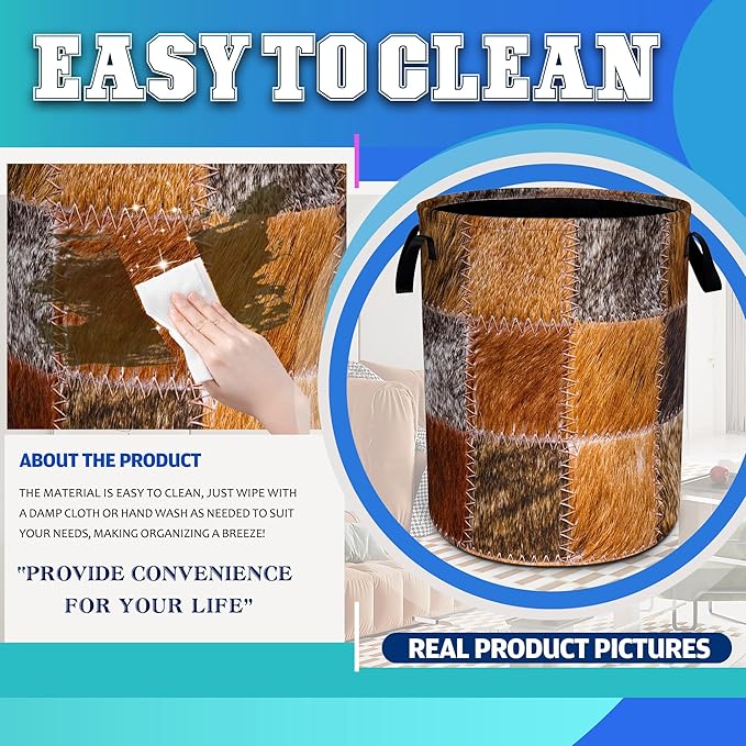 Faux Cowhide Patchwork Pattern Laundry Basket Oxford Cloth Funny Texture Laundry Hamper With Handle Foldable Portable Clothes Storage Basket 18.9 X 16.5 Storage Bag For Laundry Room/Bathroom/Bedroom