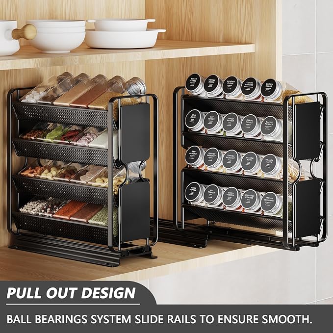 Spice Rack Organizer Drawer Cabinet: Pull Out Spice Seasoning Organization with 20 Jars - Facing Left or Right with Labels and Chalk Maker 4 Tier Slide Out Kitchen Storage for Countertop Wall Mount